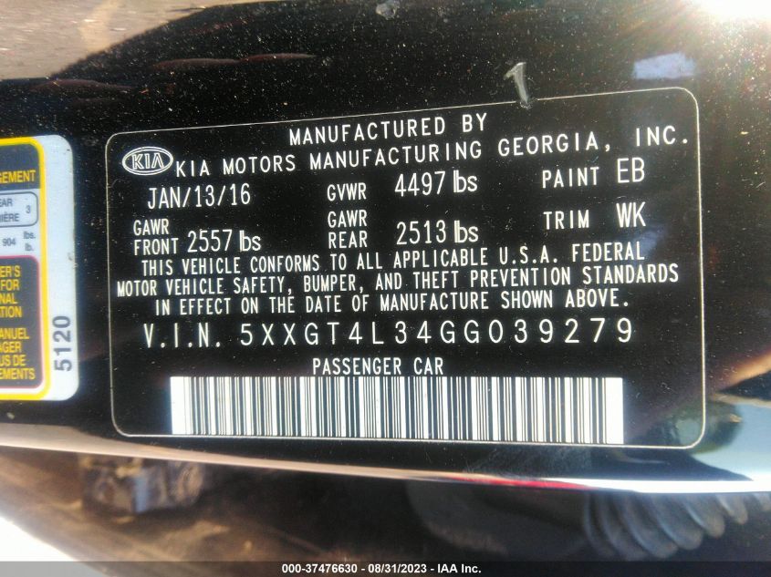 Photo 8 VIN: 5XXGT4L34GG039279 - KIA OPTIMA 