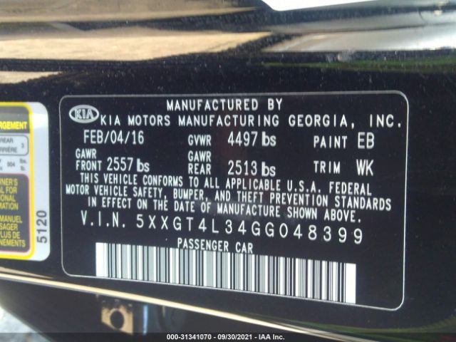 Photo 8 VIN: 5XXGT4L34GG048399 - KIA OPTIMA 