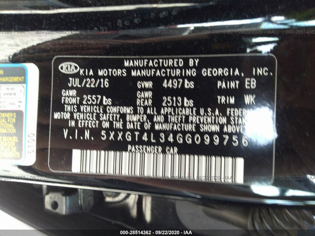 Photo 8 VIN: 5XXGT4L34GG099756 - KIA OPTIMA 