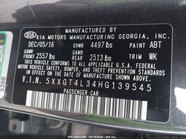 Photo 8 VIN: 5XXGT4L34HG139545 - KIA OPTIMA 