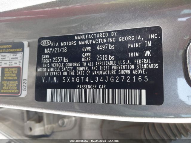 Photo 8 VIN: 5XXGT4L34JG272165 - KIA OPTIMA 