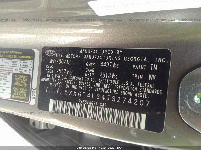 Photo 8 VIN: 5XXGT4L34JG274207 - KIA OPTIMA 