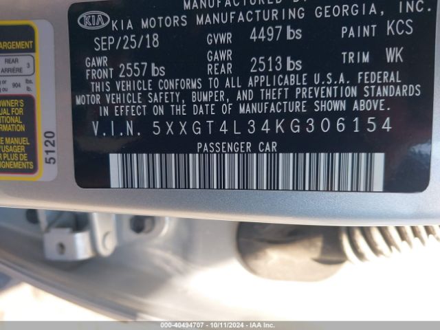 Photo 8 VIN: 5XXGT4L34KG306154 - KIA OPTIMA 