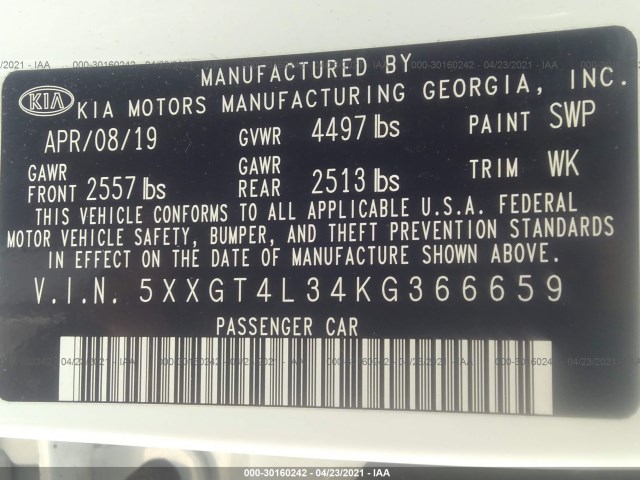 Photo 8 VIN: 5XXGT4L34KG366659 - KIA OPTIMA 