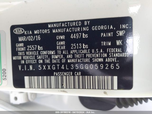 Photo 8 VIN: 5XXGT4L35GG059265 - KIA OPTIMA 