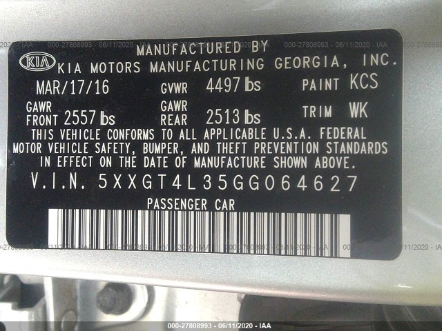 Photo 8 VIN: 5XXGT4L35GG064627 - KIA OPTIMA 