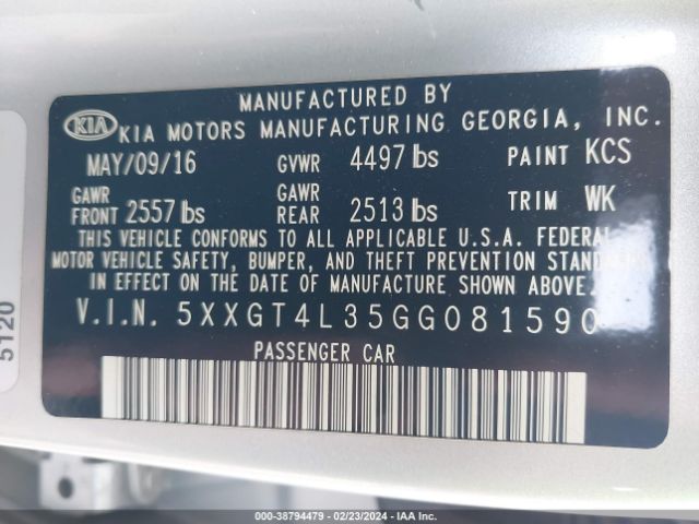 Photo 8 VIN: 5XXGT4L35GG081590 - KIA OPTIMA 