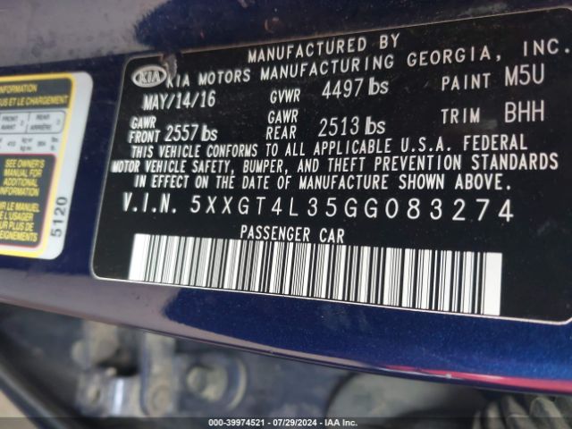 Photo 8 VIN: 5XXGT4L35GG083274 - KIA OPTIMA 