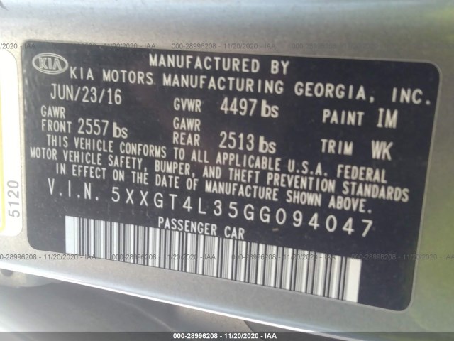 Photo 8 VIN: 5XXGT4L35GG094047 - KIA OPTIMA 