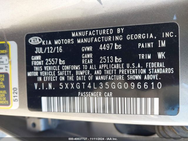 Photo 8 VIN: 5XXGT4L35GG096610 - KIA OPTIMA 