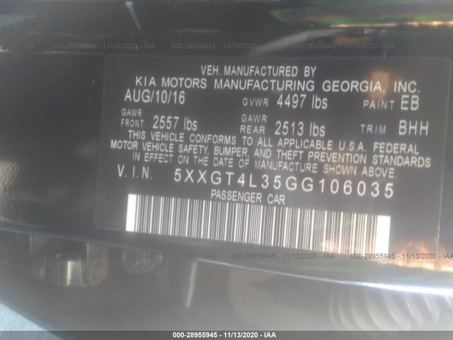 Photo 8 VIN: 5XXGT4L35GG106035 - KIA OPTIMA 