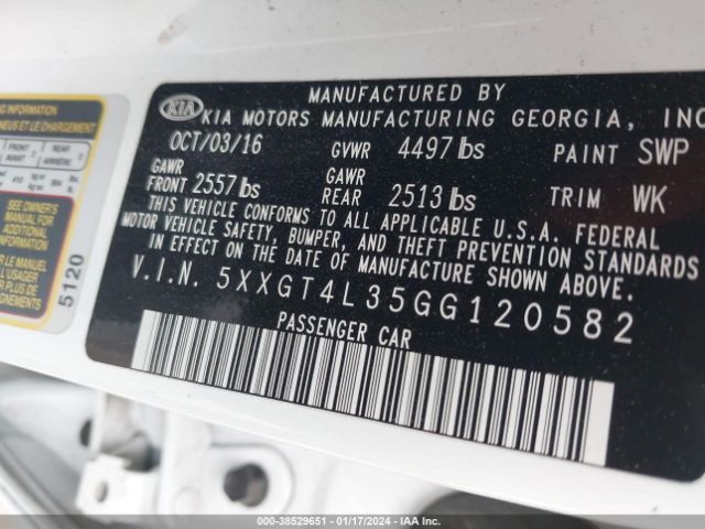 Photo 8 VIN: 5XXGT4L35GG120582 - KIA OPTIMA 