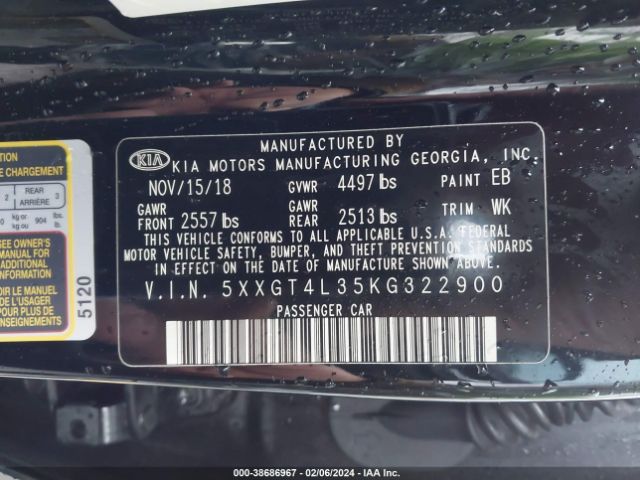 Photo 8 VIN: 5XXGT4L35KG322900 - KIA OPTIMA 