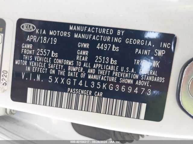 Photo 8 VIN: 5XXGT4L35KG369473 - KIA OPTIMA 