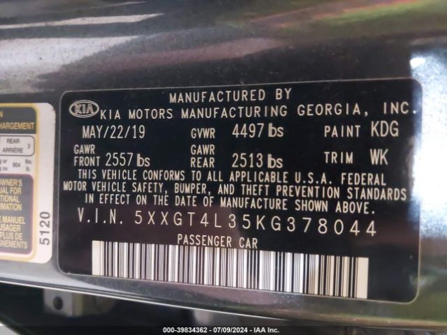 Photo 8 VIN: 5XXGT4L35KG378044 - KIA OPTIMA 