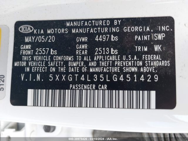 Photo 8 VIN: 5XXGT4L35LG451429 - KIA OPTIMA 