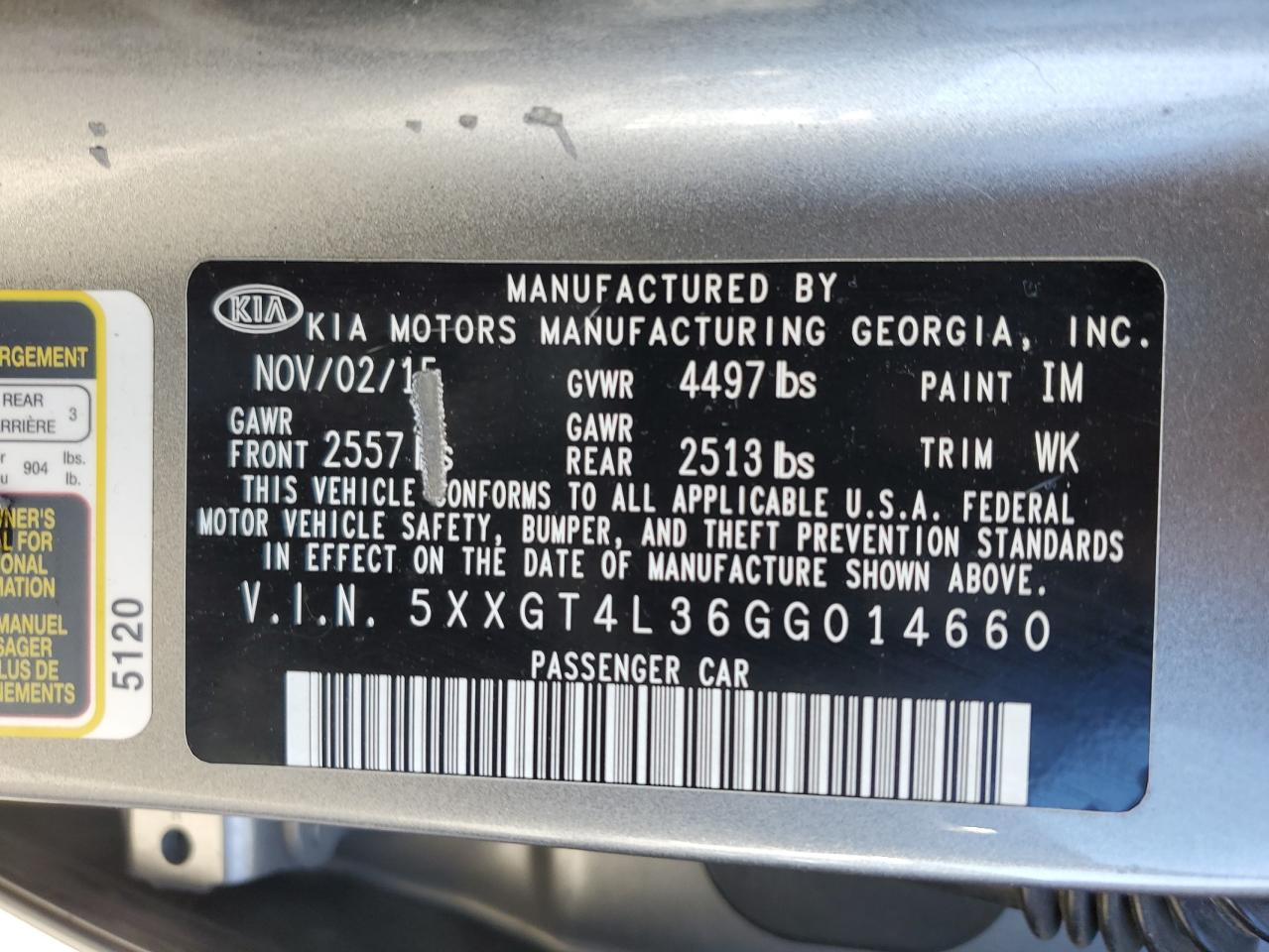 Photo 11 VIN: 5XXGT4L36GG014660 - KIA OPTIMA 