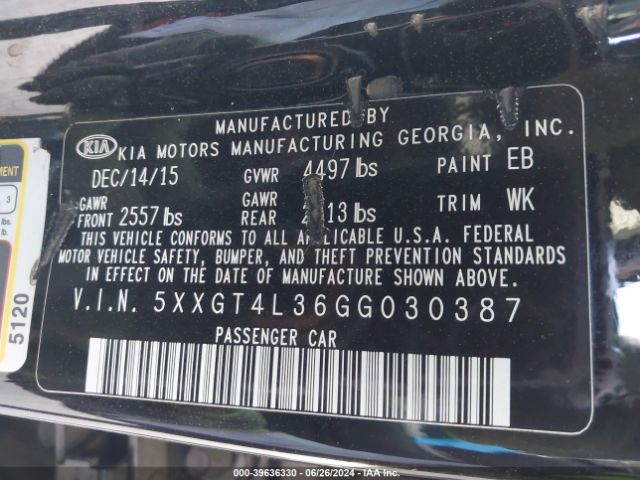 Photo 8 VIN: 5XXGT4L36GG030387 - KIA OPTIMA 