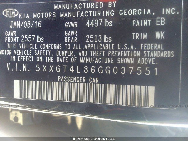 Photo 8 VIN: 5XXGT4L36GG037551 - KIA OPTIMA 