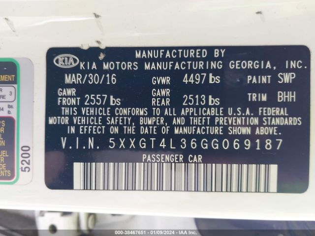 Photo 8 VIN: 5XXGT4L36GG069187 - KIA OPTIMA 