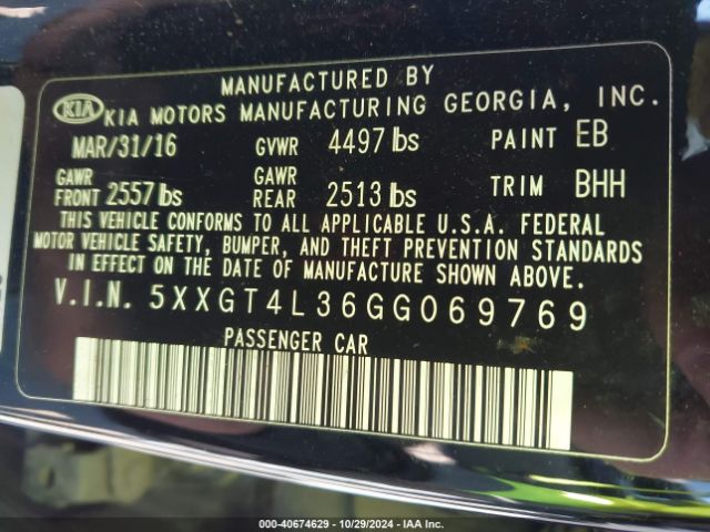 Photo 8 VIN: 5XXGT4L36GG069769 - KIA OPTIMA 