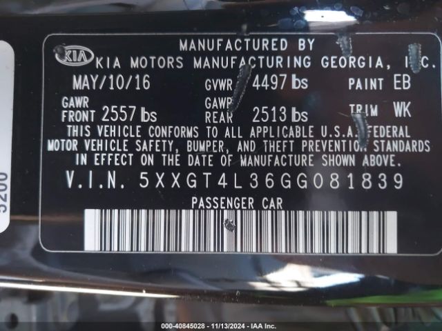 Photo 8 VIN: 5XXGT4L36GG081839 - KIA OPTIMA 