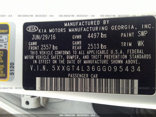 Photo 8 VIN: 5XXGT4L36GG095434 - KIA OPTIMA 