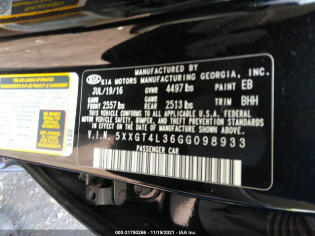 Photo 8 VIN: 5XXGT4L36GG098933 - KIA OPTIMA 