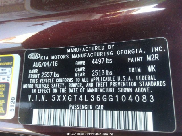 Photo 8 VIN: 5XXGT4L36GG104083 - KIA OPTIMA 