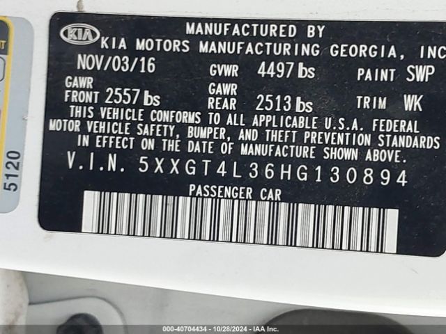 Photo 8 VIN: 5XXGT4L36HG130894 - KIA OPTIMA 