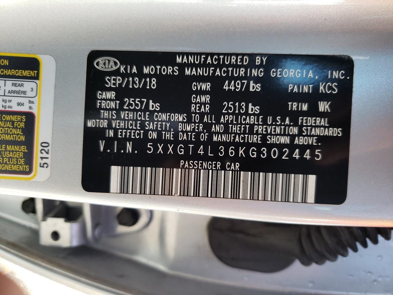 Photo 9 VIN: 5XXGT4L36KG302445 - KIA OPTIMA 