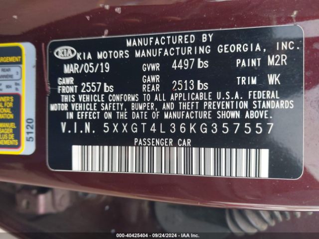 Photo 8 VIN: 5XXGT4L36KG357557 - KIA OPTIMA 