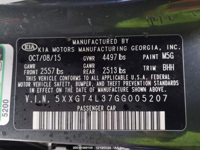 Photo 8 VIN: 5XXGT4L37GG005207 - KIA OPTIMA 