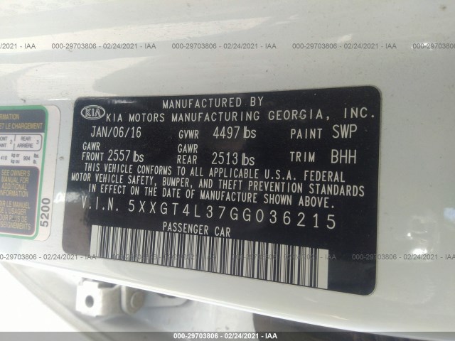 Photo 8 VIN: 5XXGT4L37GG036215 - KIA OPTIMA 