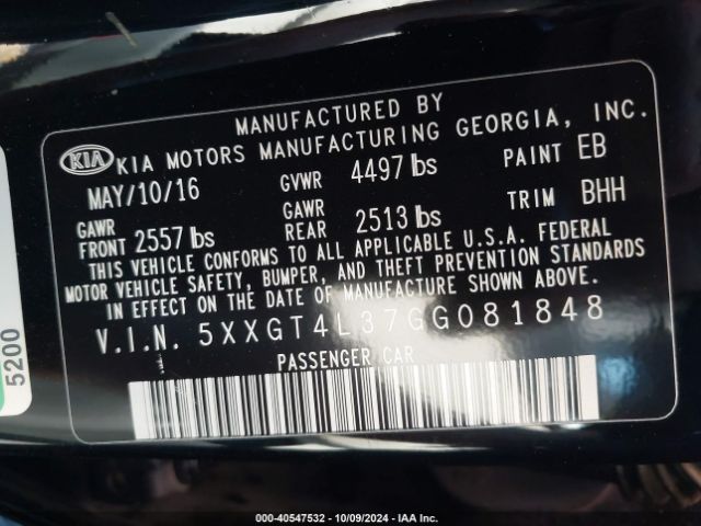 Photo 8 VIN: 5XXGT4L37GG081848 - KIA OPTIMA 