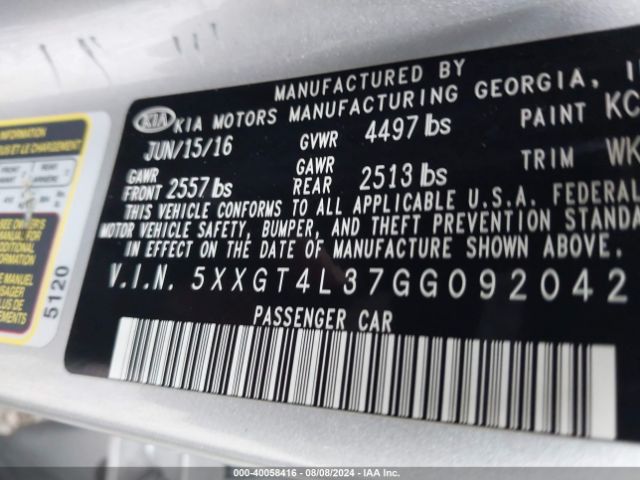 Photo 8 VIN: 5XXGT4L37GG092042 - KIA OPTIMA 