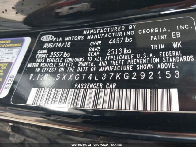 Photo 8 VIN: 5XXGT4L37KG292153 - KIA OPTIMA 