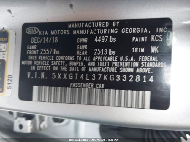 Photo 8 VIN: 5XXGT4L37KG332814 - KIA OPTIMA 