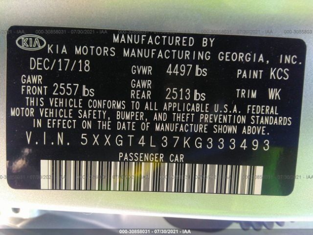 Photo 8 VIN: 5XXGT4L37KG333493 - KIA OPTIMA 