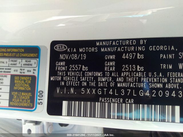 Photo 8 VIN: 5XXGT4L37LG420943 - KIA OPTIMA 