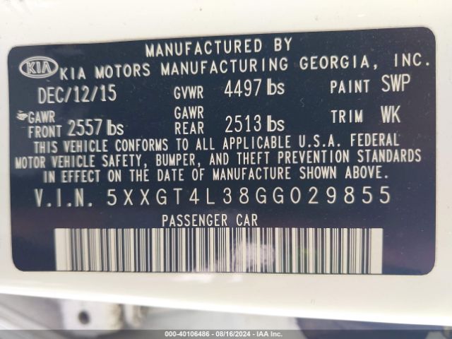 Photo 8 VIN: 5XXGT4L38GG029855 - KIA OPTIMA 