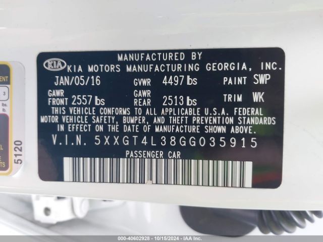 Photo 8 VIN: 5XXGT4L38GG035915 - KIA OPTIMA 