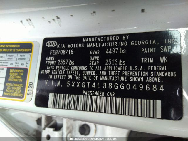 Photo 8 VIN: 5XXGT4L38GG049684 - KIA OPTIMA 