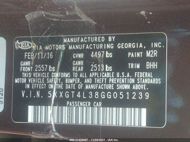 Photo 8 VIN: 5XXGT4L38GG051239 - KIA OPTIMA 