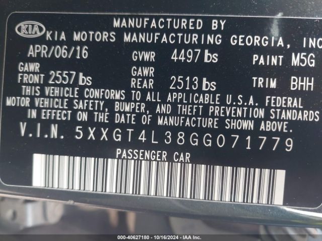 Photo 8 VIN: 5XXGT4L38GG071779 - KIA OPTIMA 