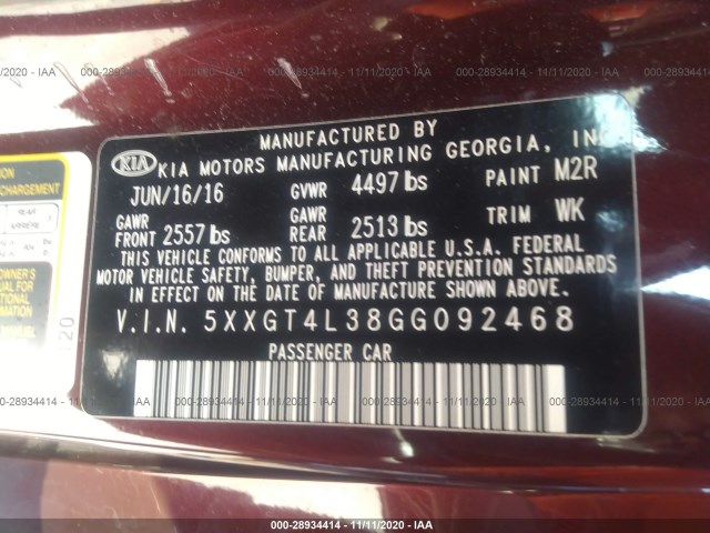 Photo 8 VIN: 5XXGT4L38GG092468 - KIA OPTIMA 