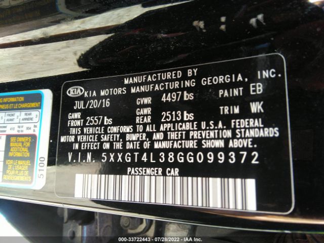 Photo 8 VIN: 5XXGT4L38GG099372 - KIA OPTIMA 