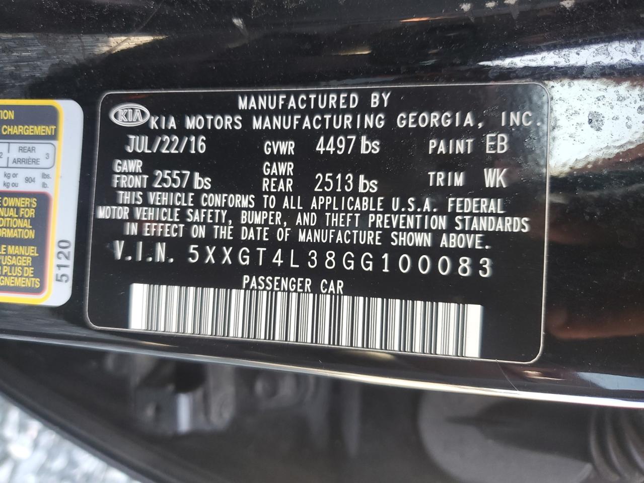 Photo 11 VIN: 5XXGT4L38GG100083 - KIA OPTIMA 