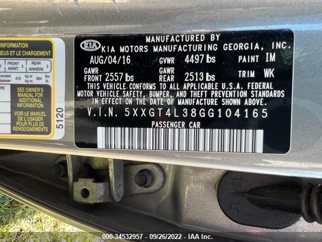 Photo 8 VIN: 5XXGT4L38GG104165 - KIA OPTIMA 