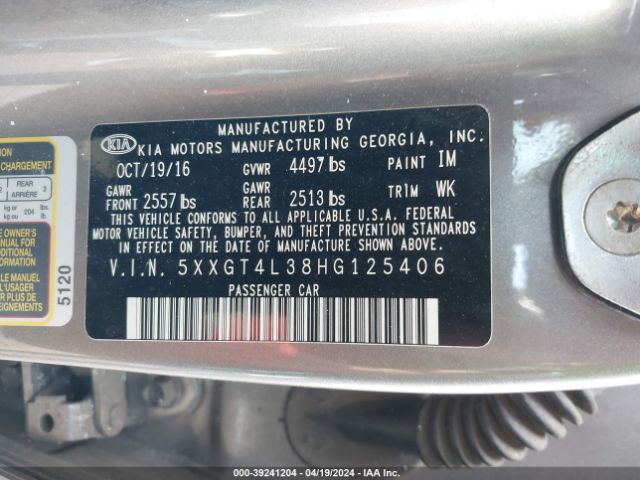 Photo 8 VIN: 5XXGT4L38HG125406 - KIA OPTIMA 